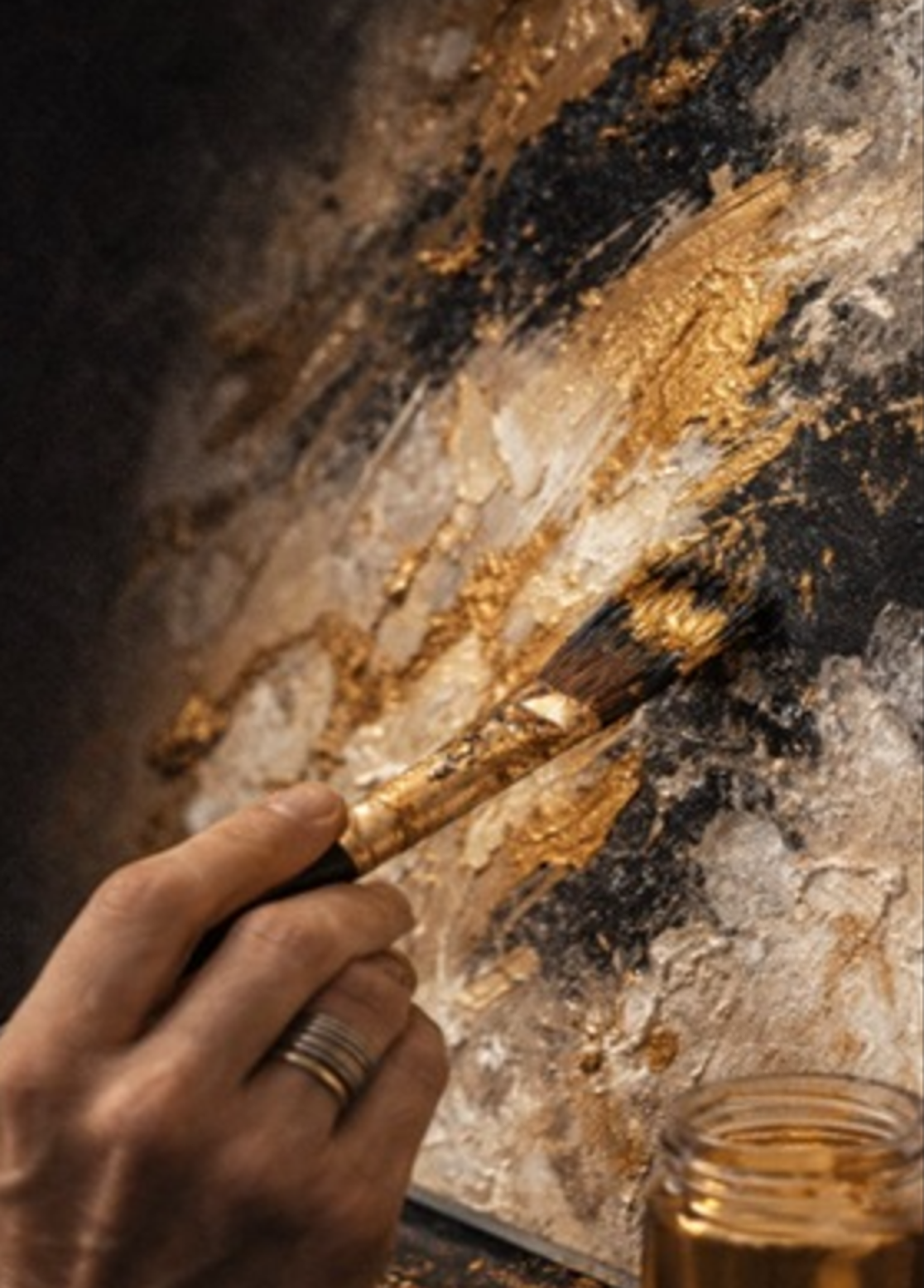 Mão pintando com tinta dourada sobre tela texturizada