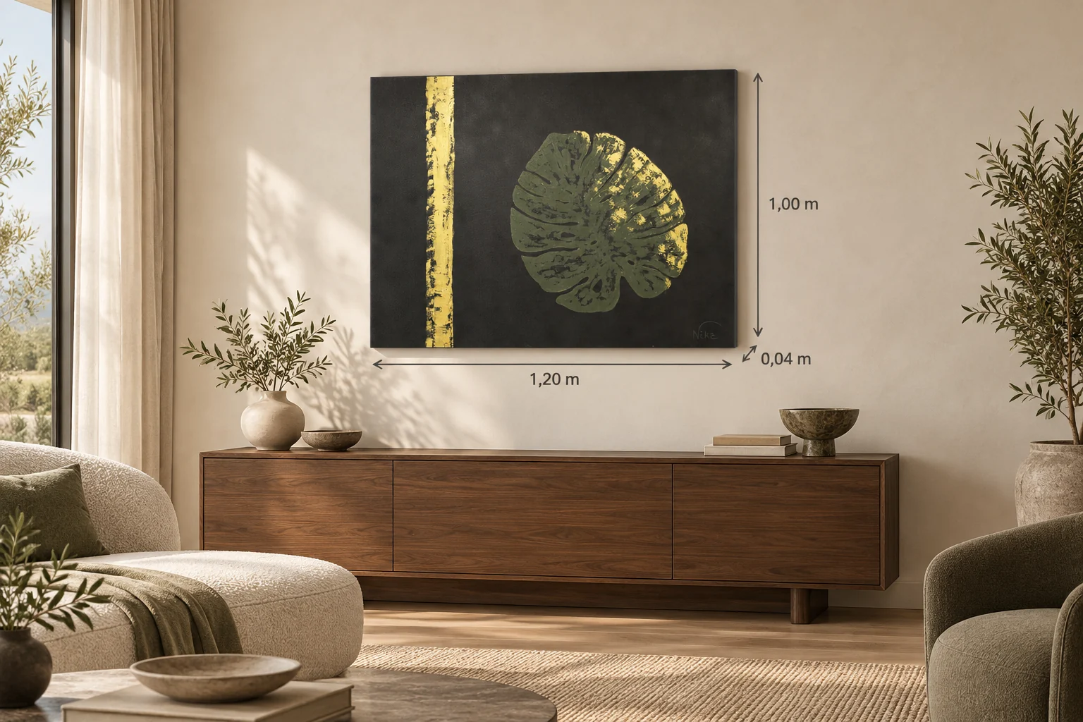 Adam's Leaf acima de um aparador de madeira escura em uma sala de estar, com as medidas: 1,20 m de largura, 1,00 m de altura e 0,04 m de espessura