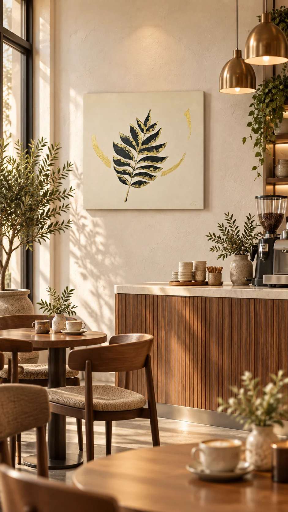 Boho Foglie na parede de um café, acima das mesas, com balcão de madeira e luminárias de latão