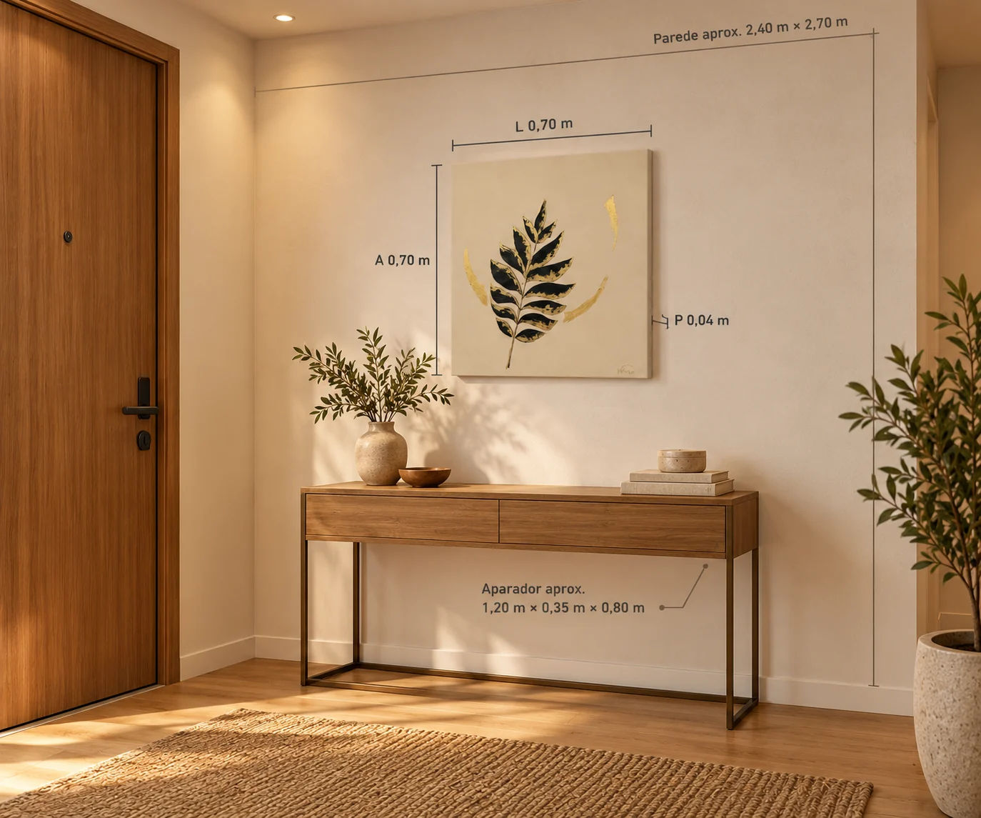 Boho Foglie acima de um aparador de madeira em um hall de entrada, com as medidas: 70 cm de altura, 70 cm de largura e 4 cm de profundidade