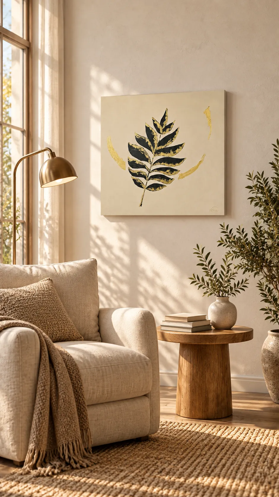 Boho Foglie acima de uma mesa lateral, num cantinho de leitura com poltrona