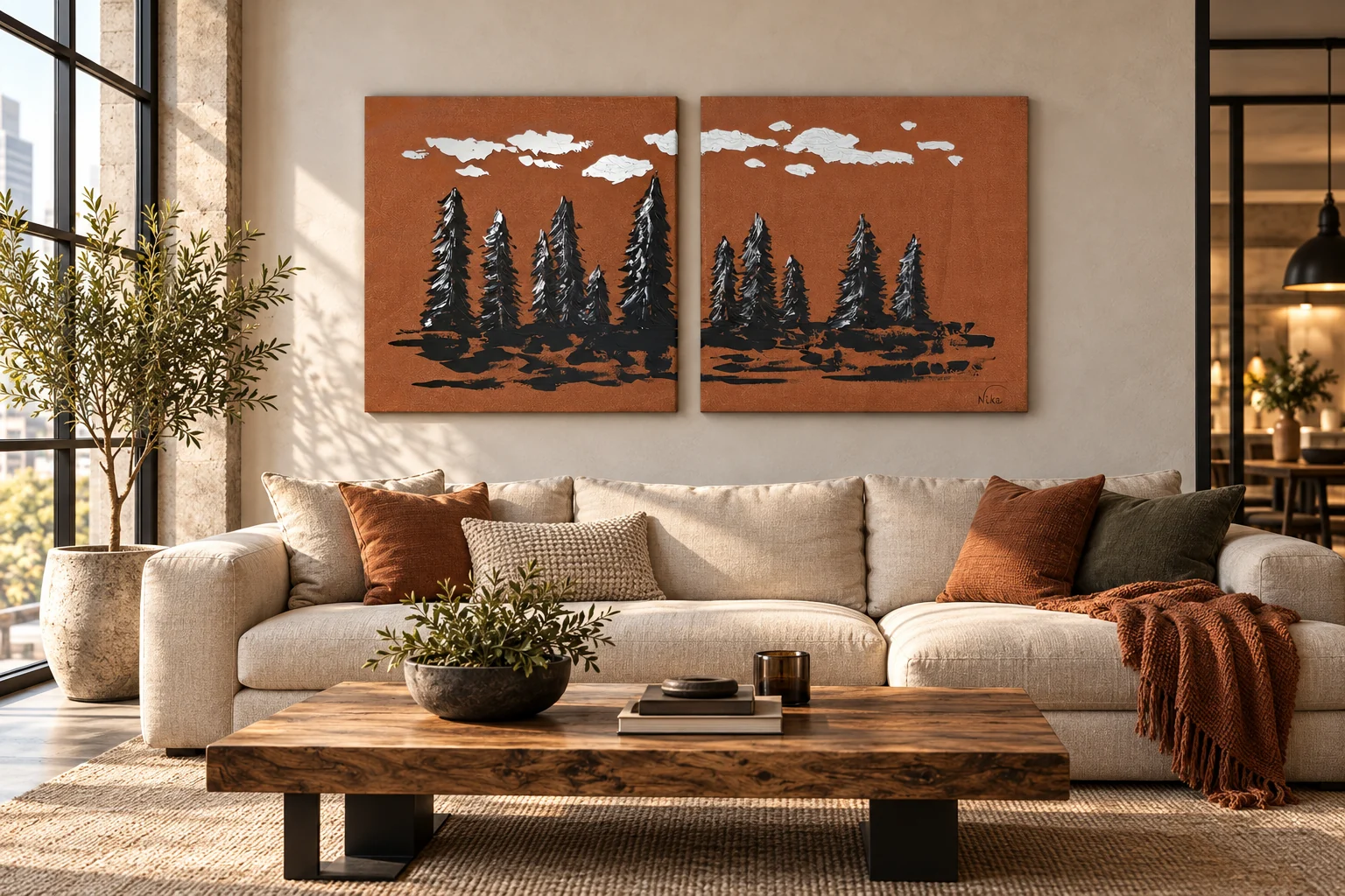 Boho Trees, díptico, acima de um sofá claro em uma sala de estar com mesa de centro de madeira rústica
