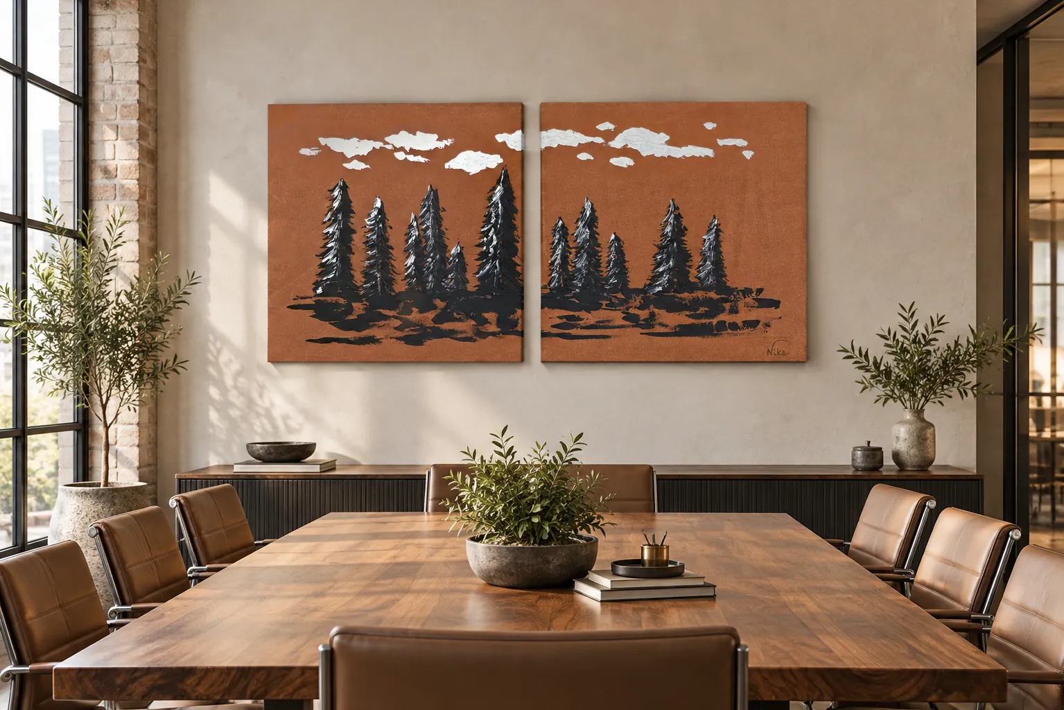 Boho Trees na parede de uma sala de reunião, acima de uma mesa de madeira