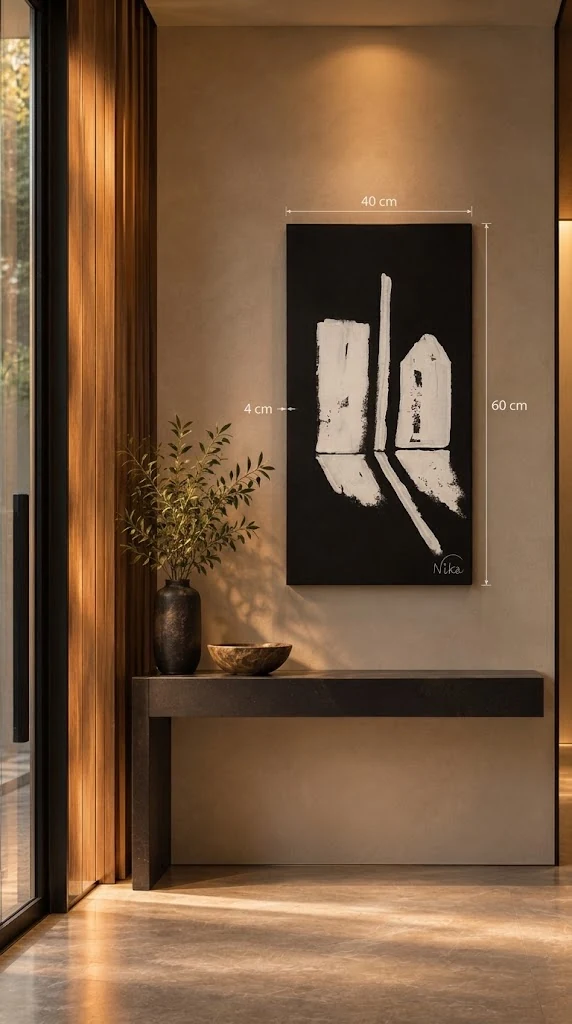 City Giz acima de um aparador em um hall de entrada, com as medidas do quadro