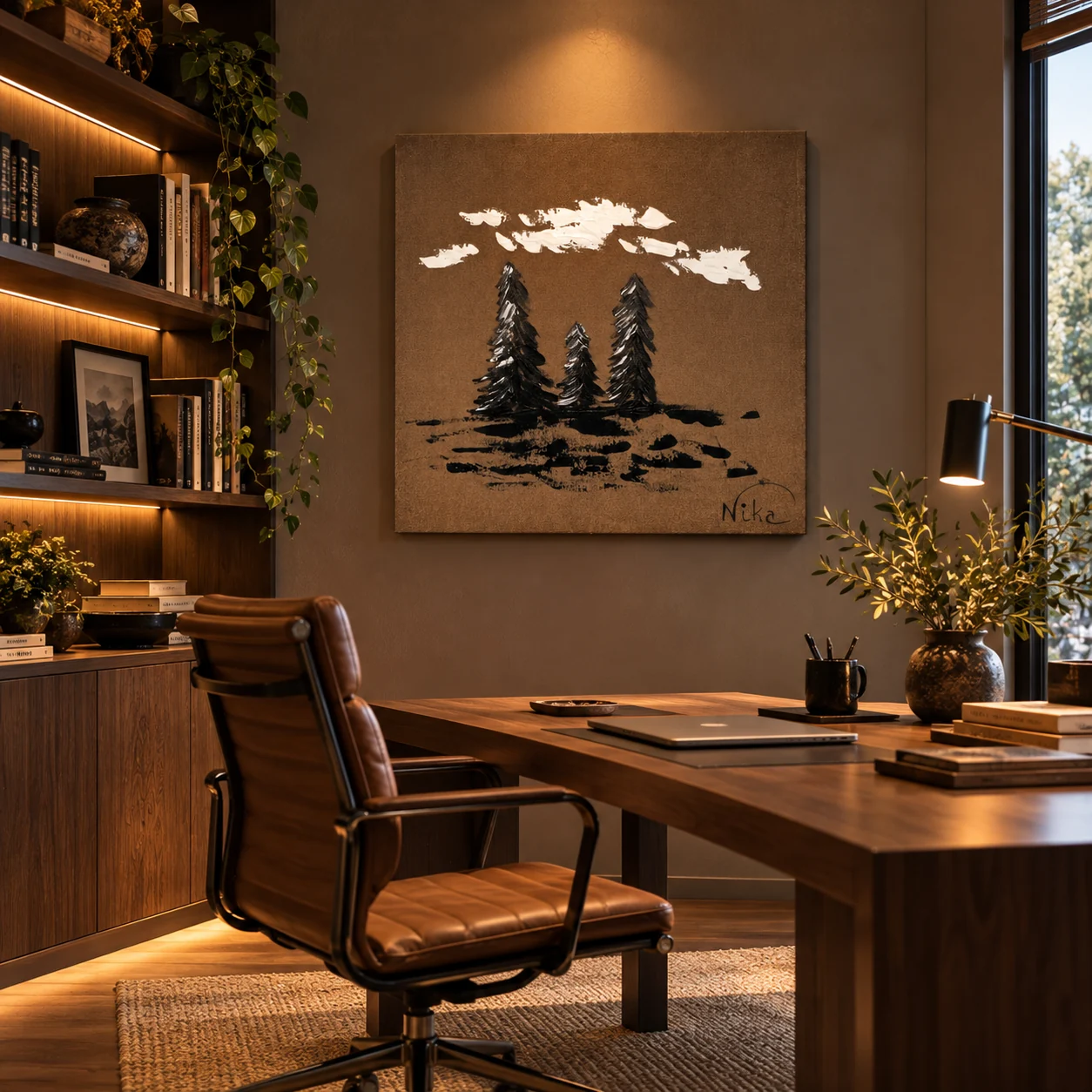 Elegant Trees na parede de um escritório, acima de uma mesa de madeira com cadeira de couro, ao lado de uma estante iluminada