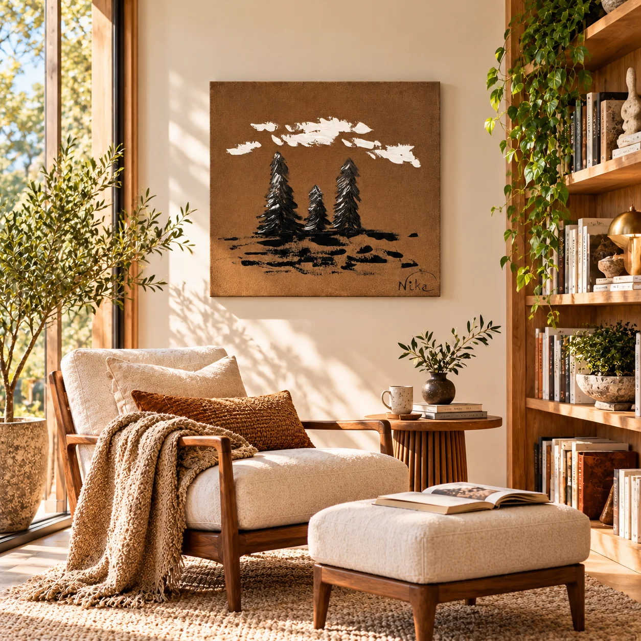 Elegant Trees na parede de um canto de leitura, acima de uma poltrona de madeira com almofadas claras, ao lado de uma estante com livros