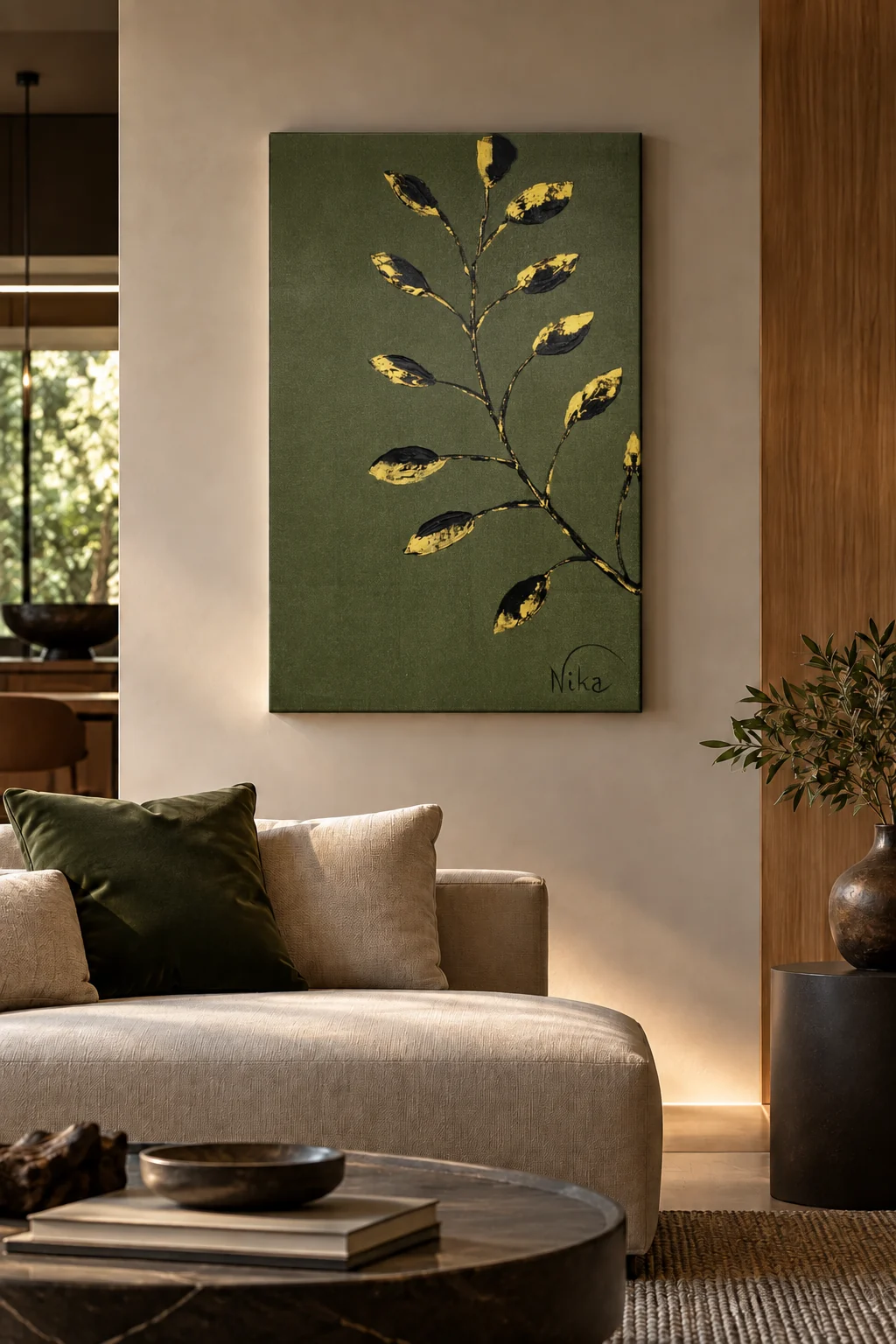 Foliz na parede de uma sala de estar, acima de um sofá claro com almofada verde
