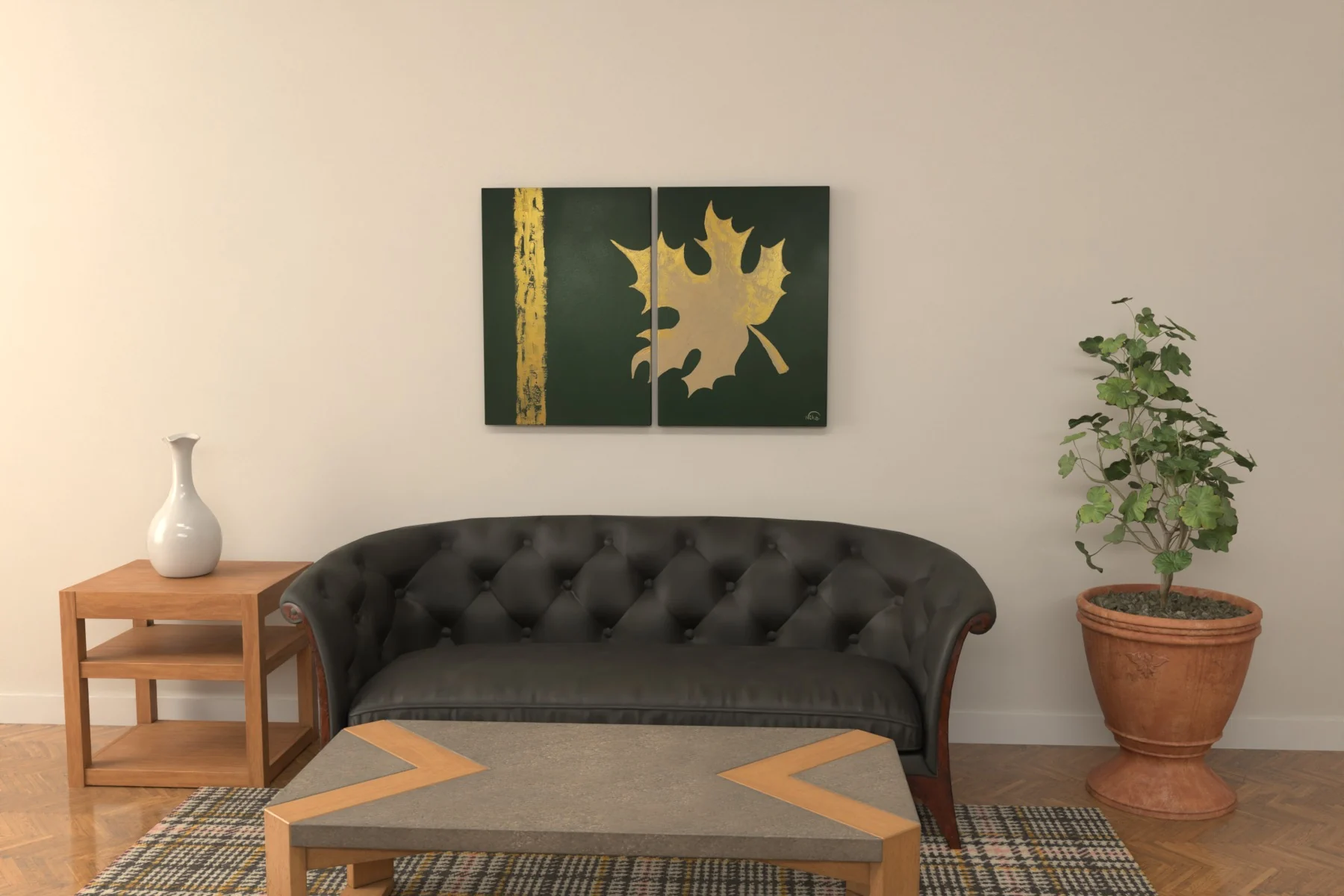 Maple Greenie, díptico, acima de um sofá de couro preto em uma sala de estar, na escala real