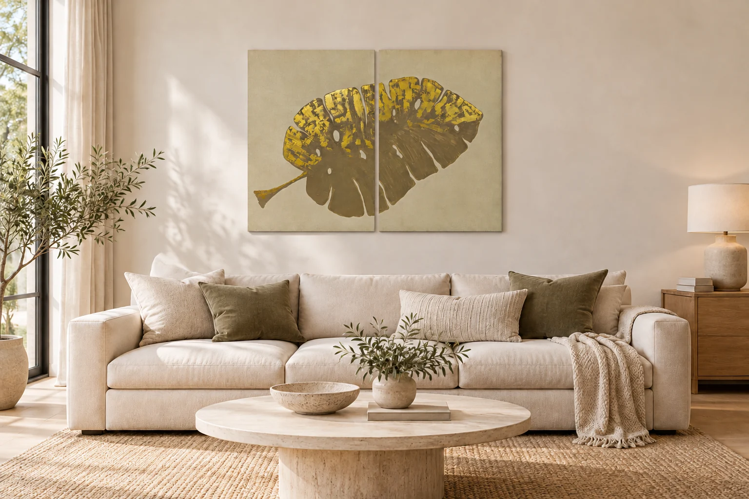 Nature in Nude, díptico, acima de um sofá claro em uma sala de estar com luz natural