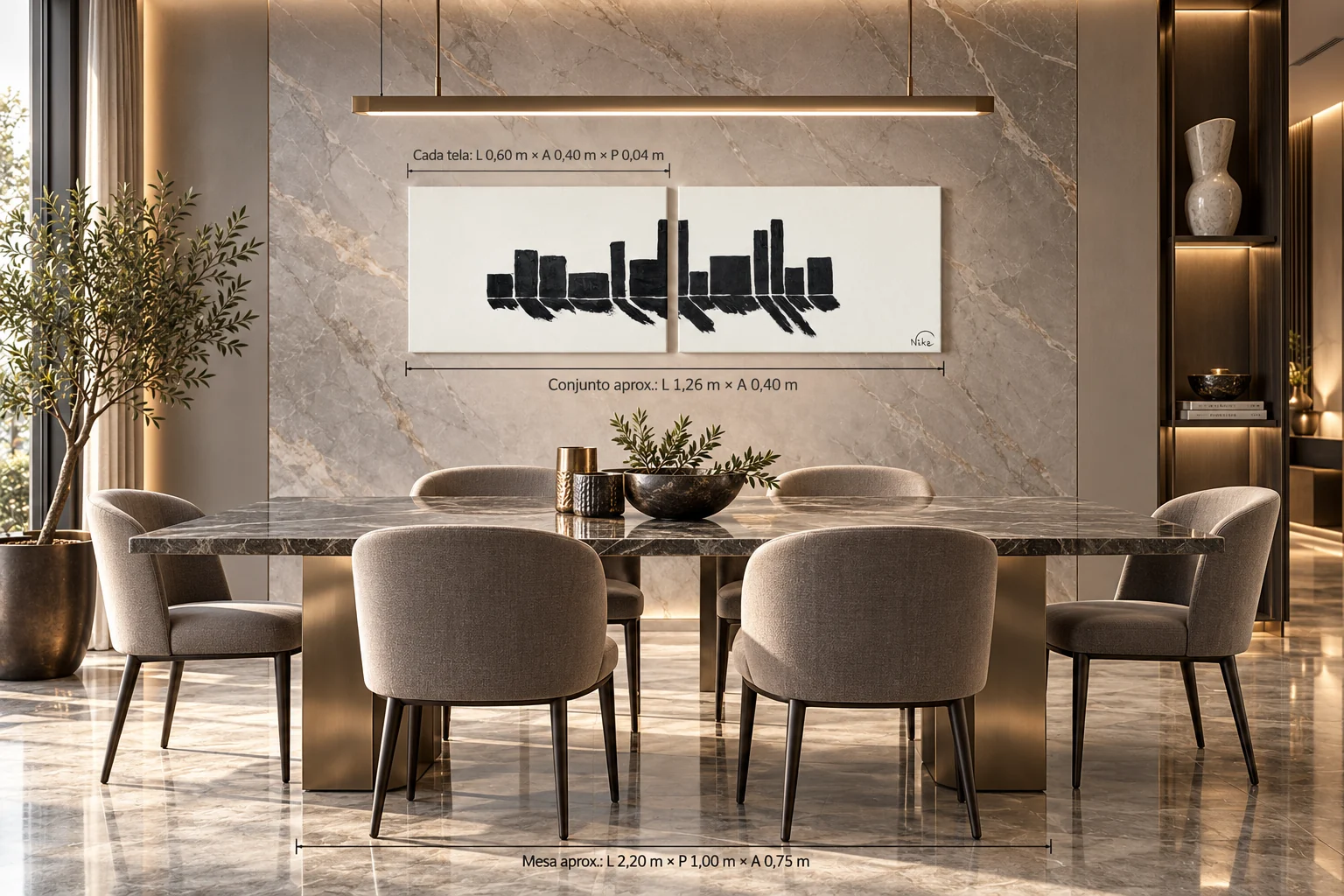 Sombras, as duas telas lado a lado acima da mesa de uma sala de jantar, com as medidas