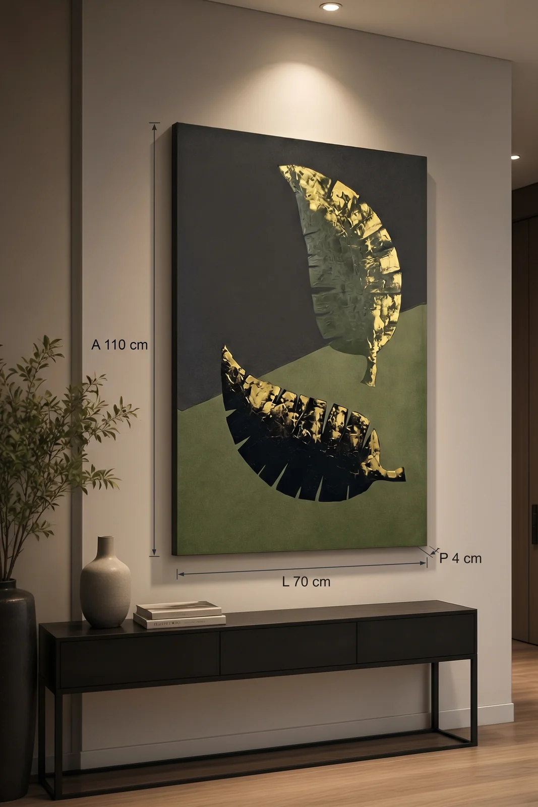 Tao Nature na vertical, acima de um aparador preto, em um hall de entrada, com as medidas do quadro: 110 cm de altura, 70 cm de largura e 4 cm de profundidade