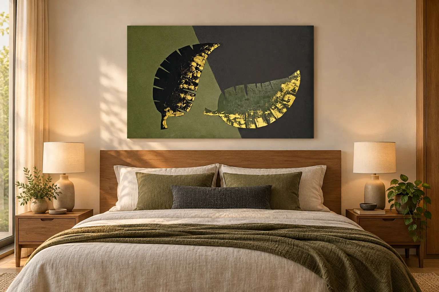 Tao Nature na horizontal, acima da cabeceira de uma cama de casal, num quarto com tons de verde e madeira