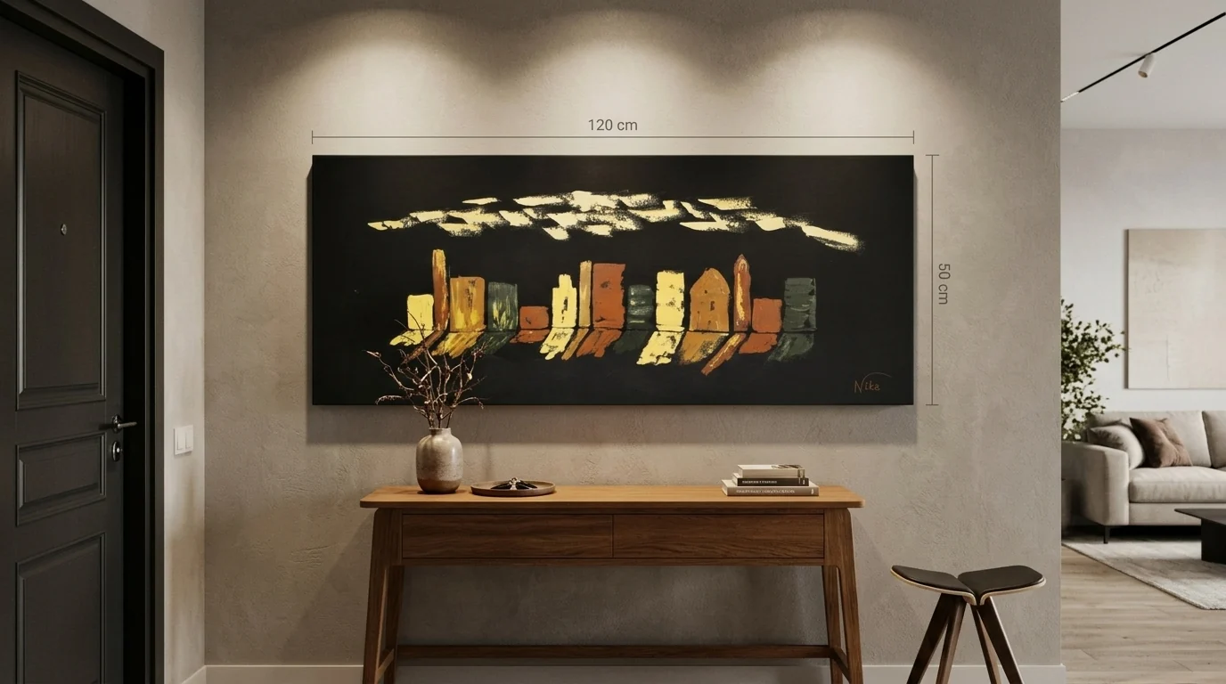Tijolo sobre Tijolo acima de um aparador de madeira em um hall de entrada, com as medidas do quadro