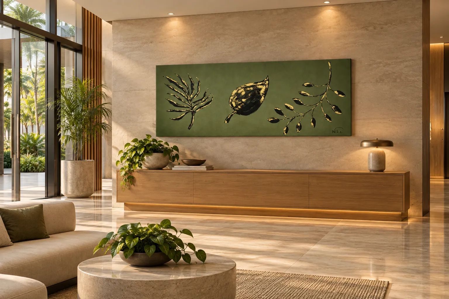 Trifoglie acima de um aparador de madeira, em um hall com plantas