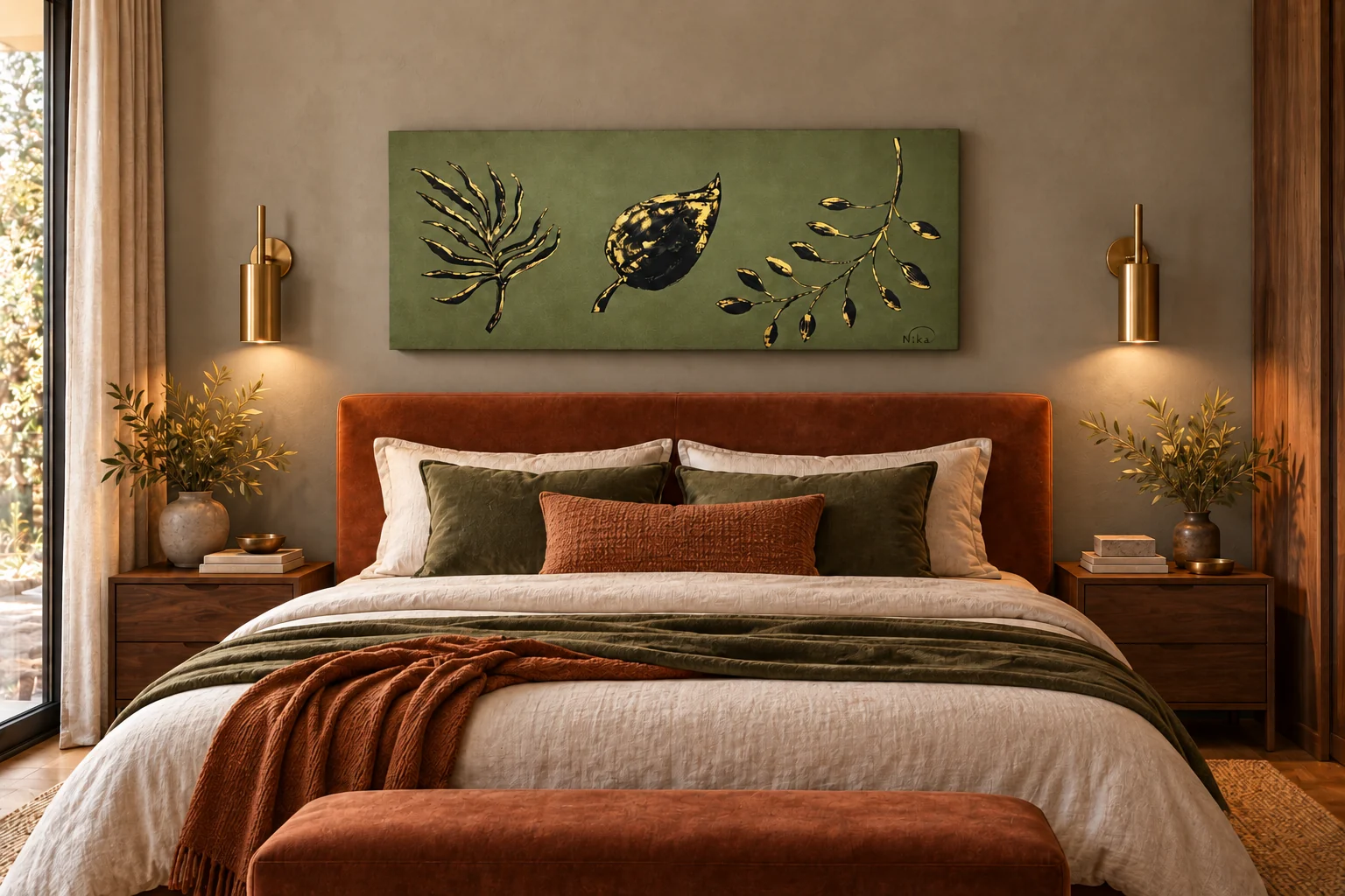 Trifoglie na cabeceira de uma cama de casal, entre duas arandelas douradas, em um quarto em tons de terracota e verde