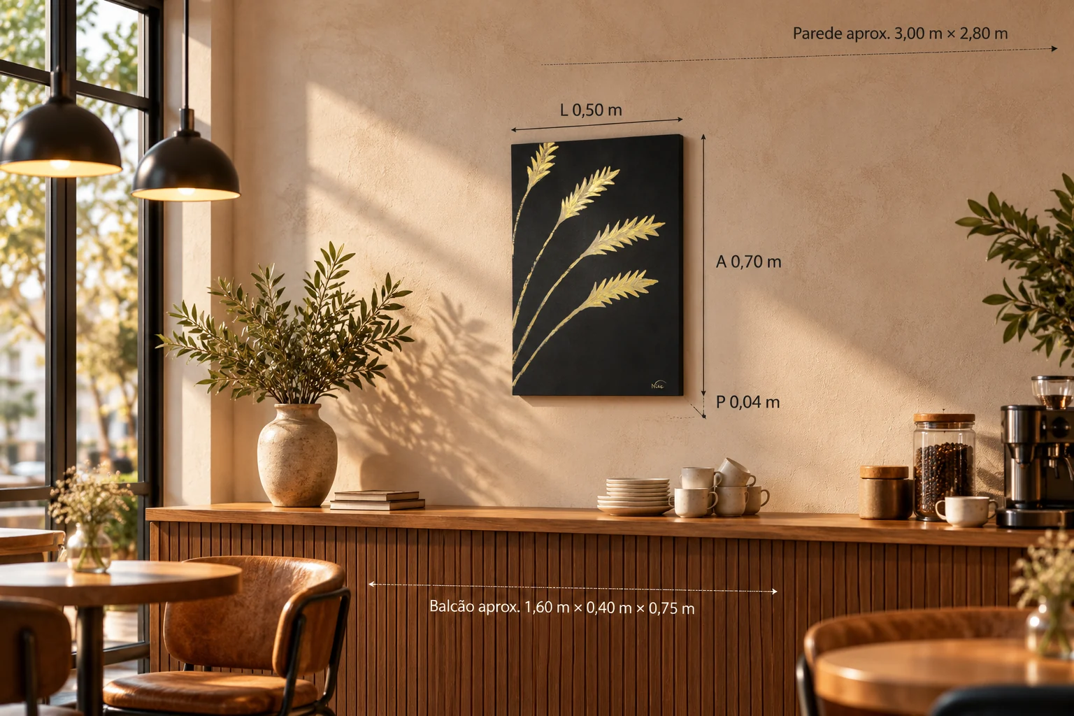 Trigo na parede de um café, acima do balcão, com as medidas do quadro, do balcão e da parede